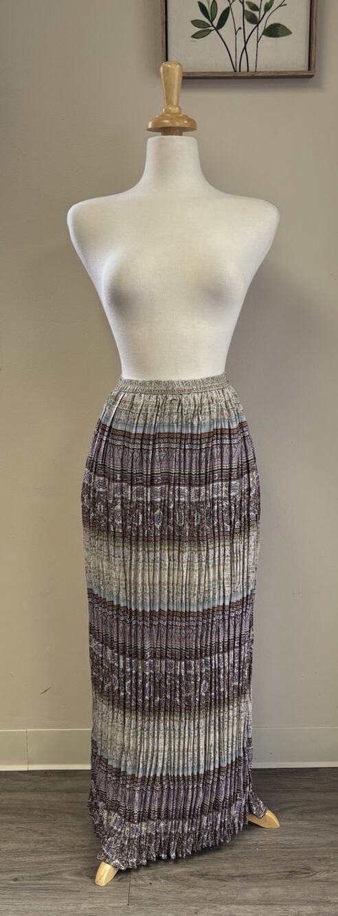 Coldwater Creek Pleated Maxi Skirt in Cream, Brown and Blue Stripes